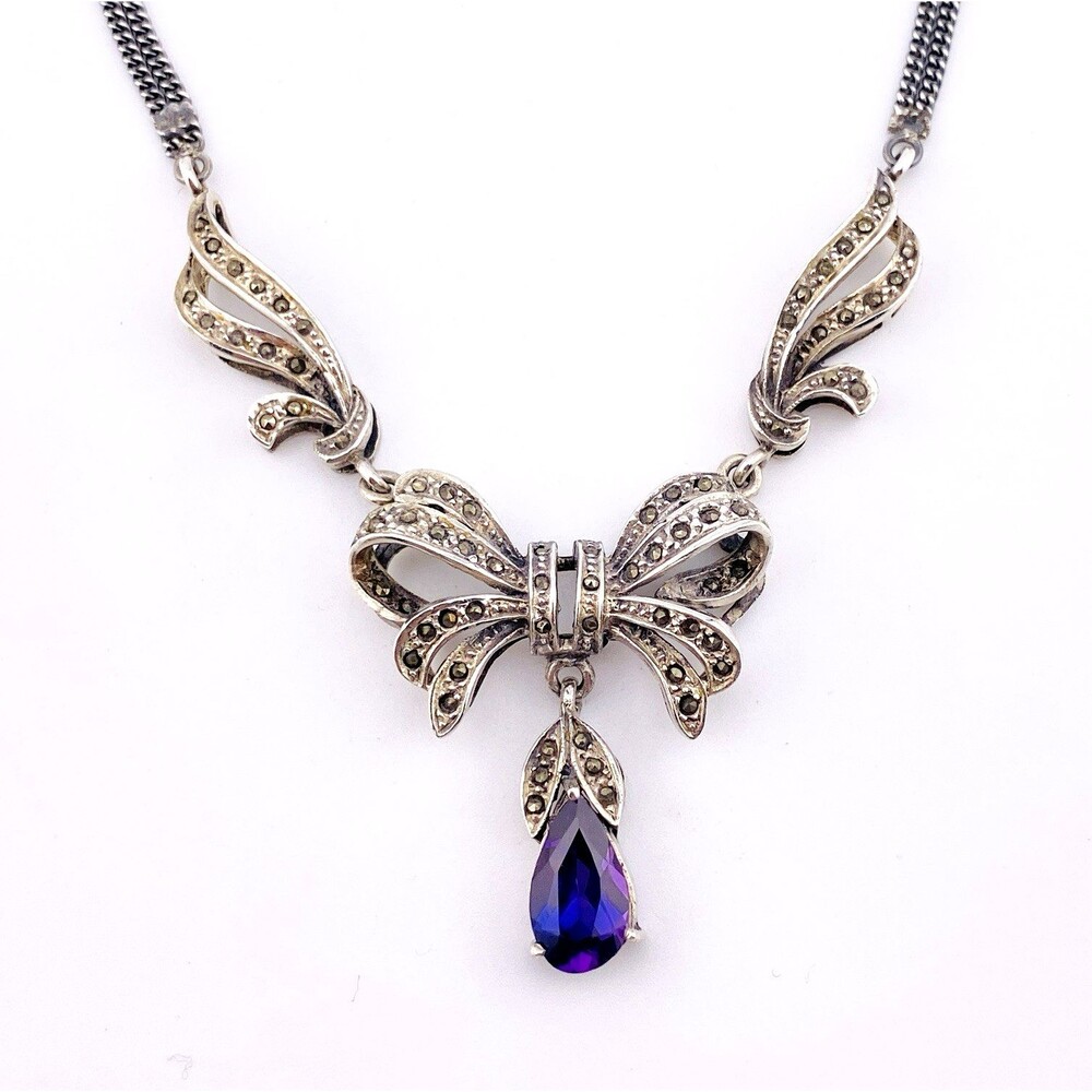 Sterling Silver Marcasite Bow Necklace Amethyst Color CZ Pendant Vintage
